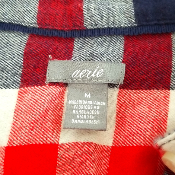 Aerie Long Sleeved Red White & Navy Blue Plaid Flannel Romper - Picture 3 of 5